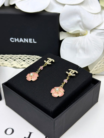 [Marin-Jewelry]26C Pink Camellia Enamel Pendant with Double C Earrings