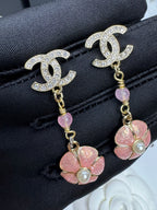 [Marin]26C Pink Camellia Enamel Pendant with Double C Earrings
