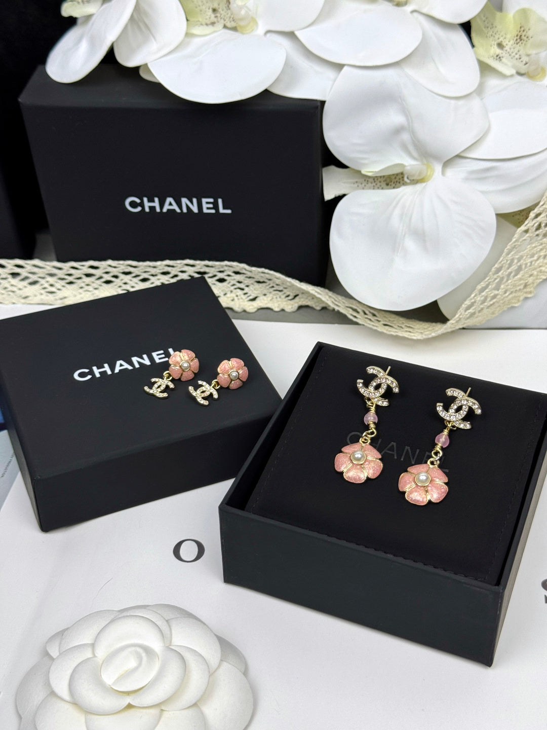 [Marin-Jewelry]26C Pink Camellia Enamel Pendant with Double C Earrings