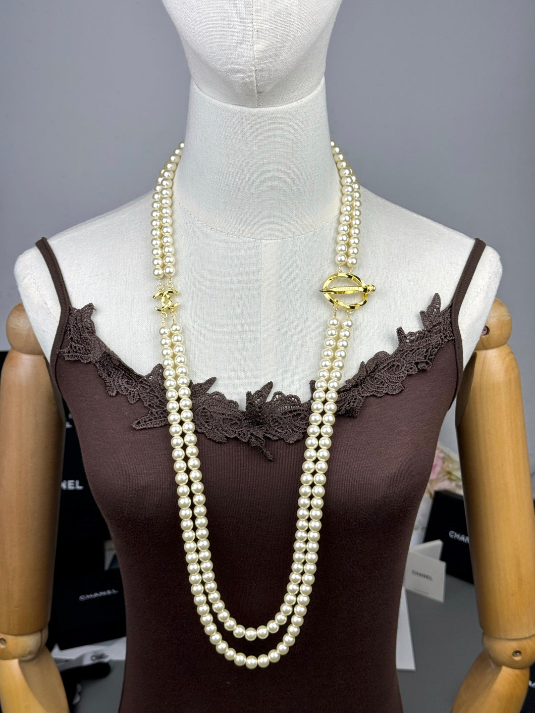 [Marin-Jewelry]25K 鉛筆 ダブルC 二層 パールセーターチェーン