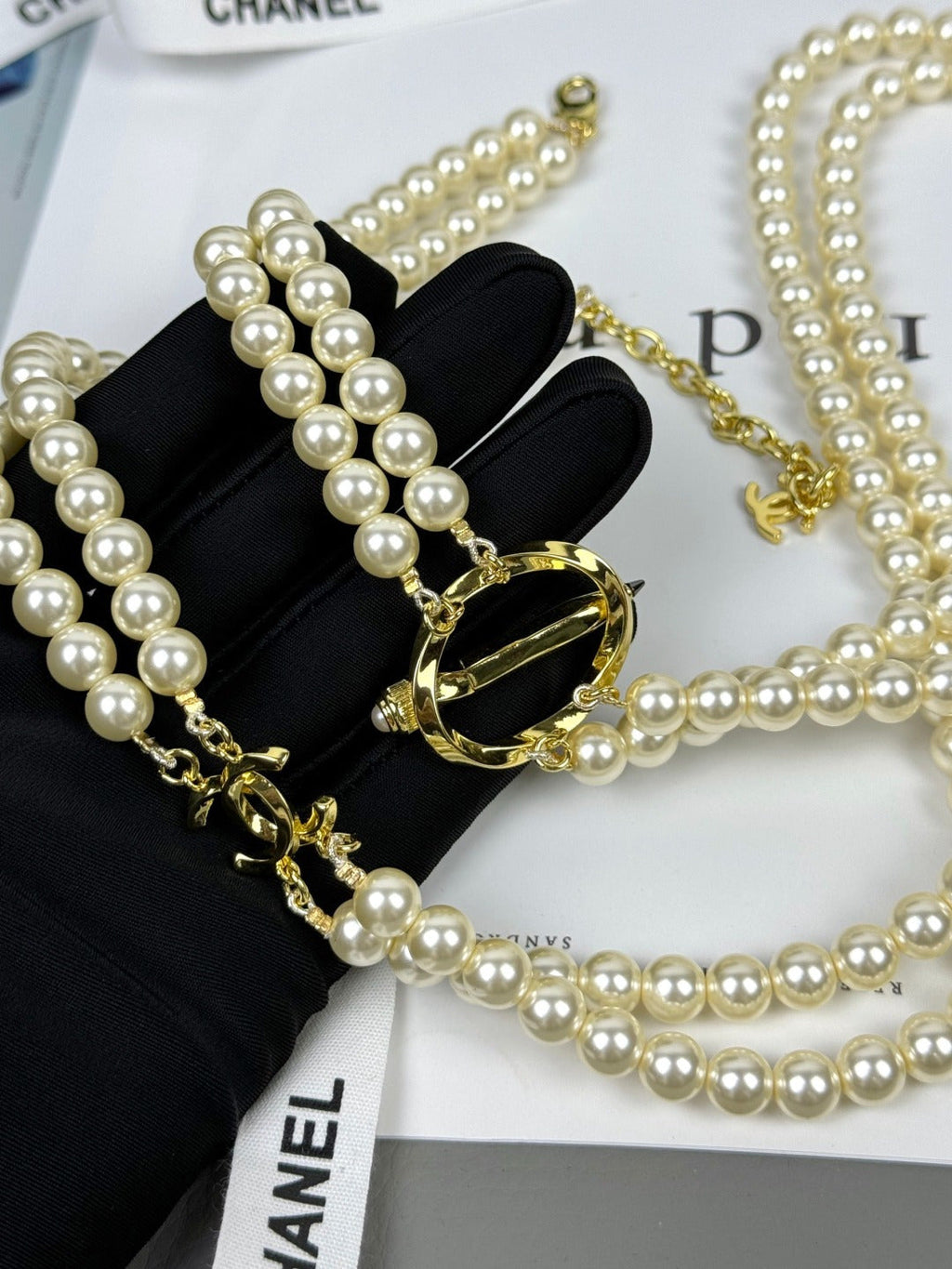 [Marin]25K Pencil Double C Double-Layer Pearl Sweater Chain