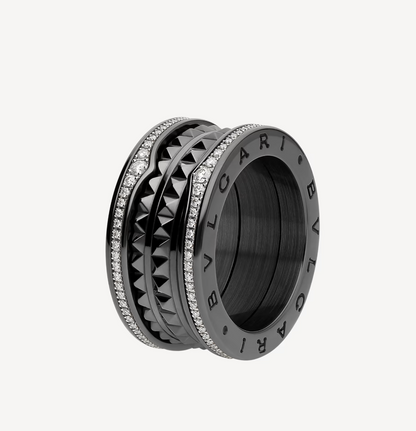 [Marin]ZERO 1 ROCK FOUR-BAND BLACK CERAMIC WITH STUDDED SPIRAL AND PAVED DIAMONDS RING