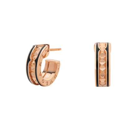 [Marin]ZERO 1 ROCK PINK GOLD EARRINGS WITH STUDDED SPIRAL AND BLACK CERAMIC