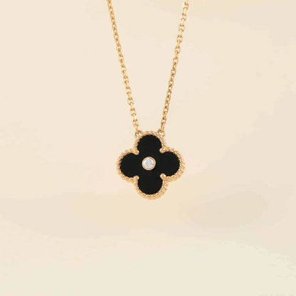 [Marin-Jewelry]CLOVER 15MM DIAMOND ONYX NECKLACE
