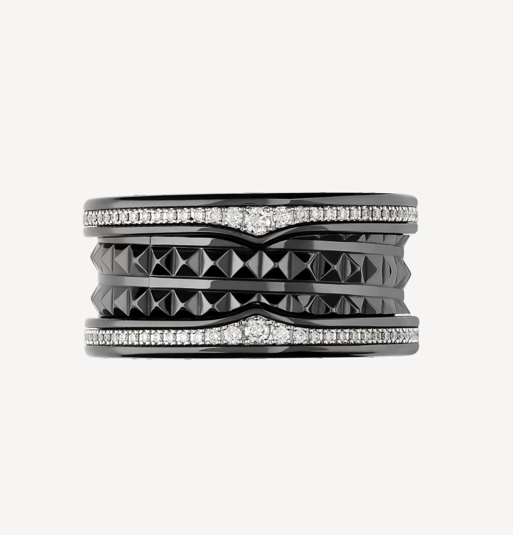 [Marin]ZERO 1 ROCK FOUR-BAND BLACK CERAMIC WITH STUDDED SPIRAL AND PAVED DIAMONDS RING