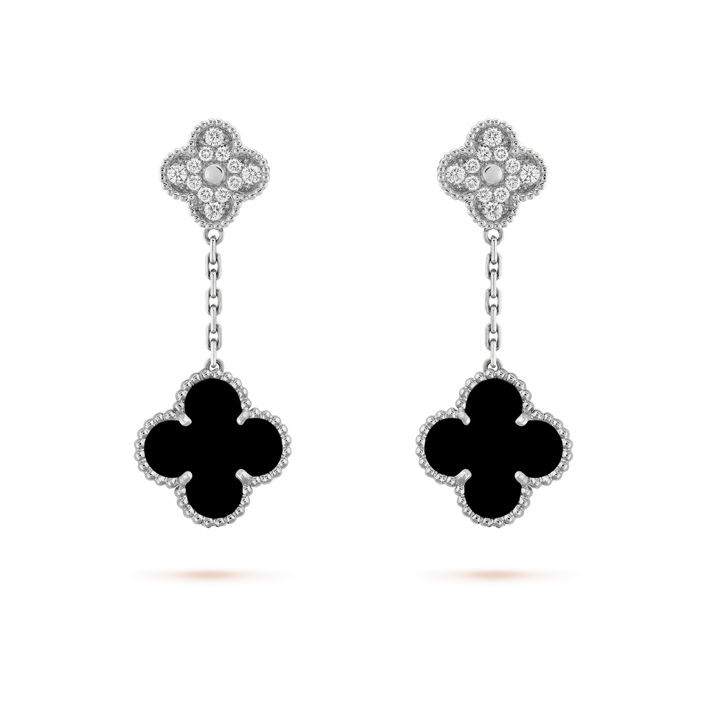 [Marin]CLOVER 2 MOTIFS DIAMANT ONYX BOUCLES D'OREILLES ARGENT