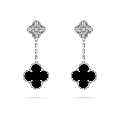 [Marin]CLOVER 2 MOTIFS  DIAMOND ONYX EARRINGS SILVER