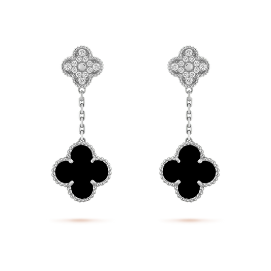 [Marin]CLOVER 2 MOTIFS  DIAMOND ONYX EARRINGS SILVER
