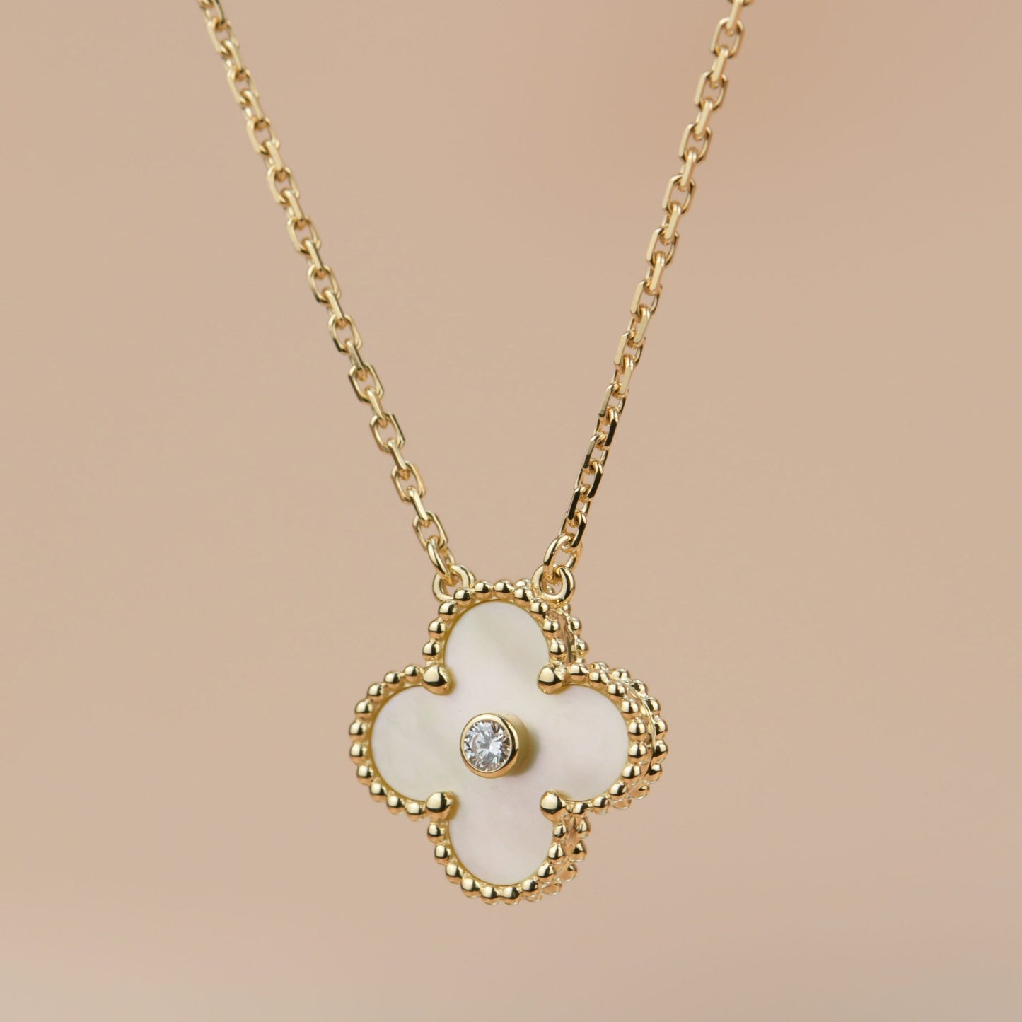 [Marin-Jewelry]CLOVER 15MM DIAMOND GOLD MOTHER OF PEARL NECKLACE