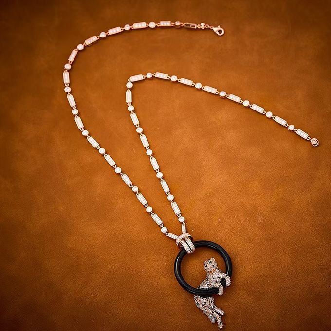 [Marin jewelrys]NEW BLACK CIRCLE PANTHER FULL DIAMOND NECKLACE