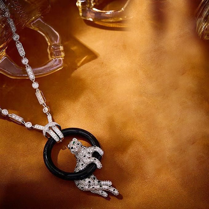 [Marin jewelrys]NEW BLACK CIRCLE PANTHER FULL DIAMOND NECKLACE