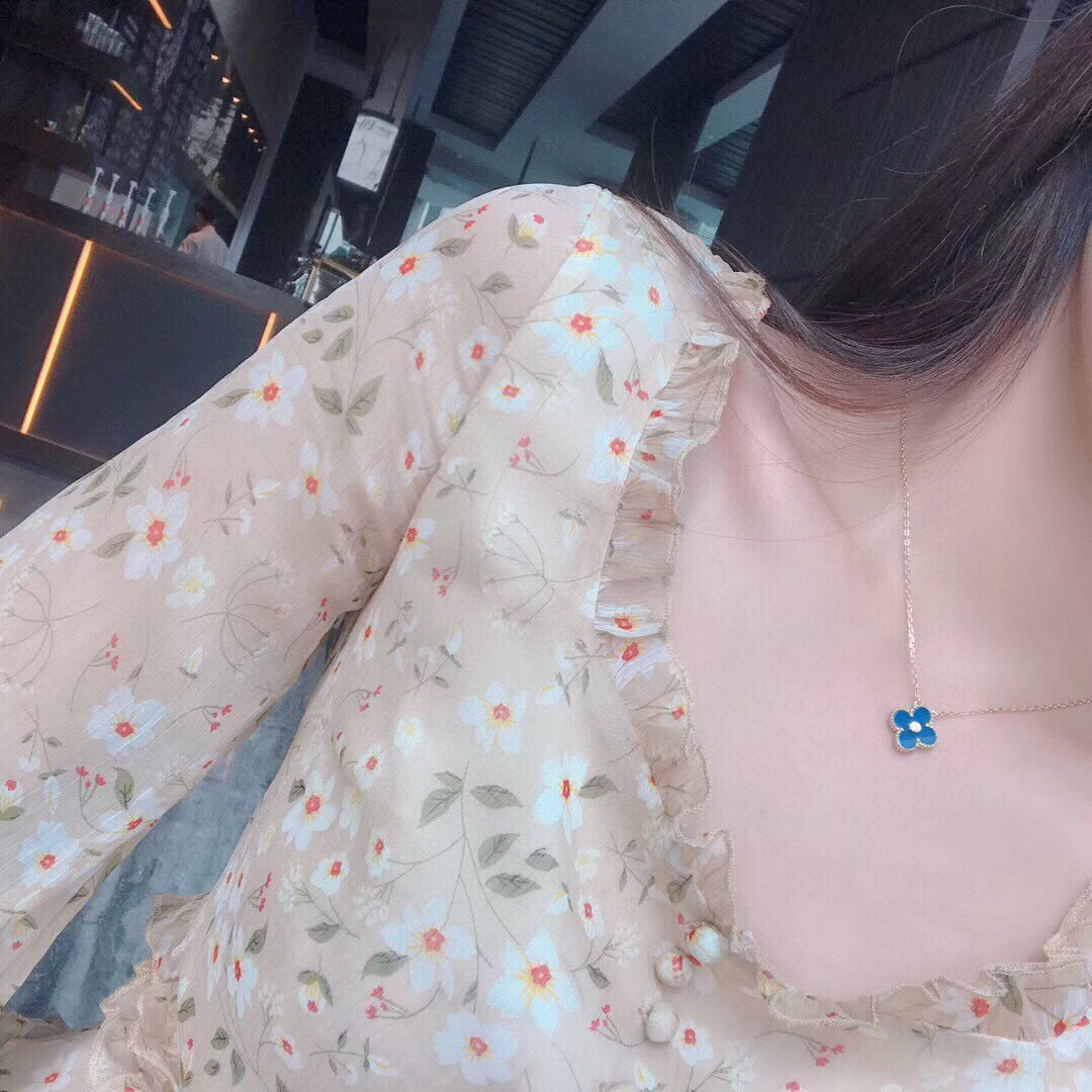 [マリン]クローバー 15MM ダイヤモンド＆ブルーアゲート ネックレス