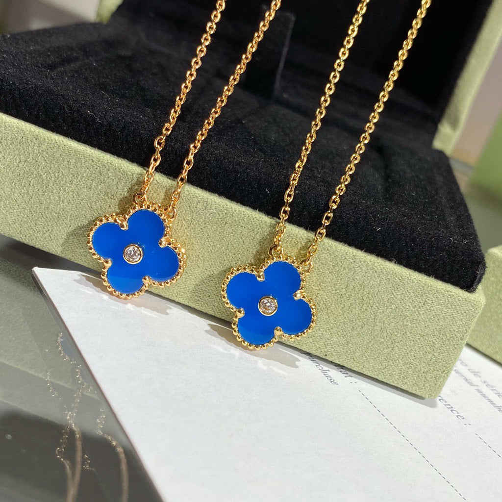 [マリン]クローバー 15MM ダイヤモンド＆ブルーアゲート ネックレス
