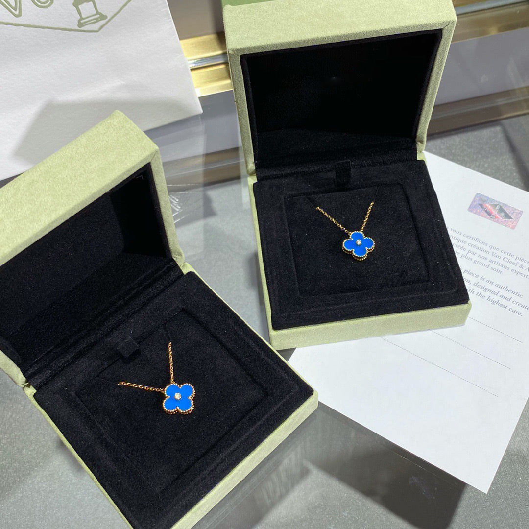 [Marin]COLLIER TRÈFLE 15MM DIAMANT ET AGATE BLEUE