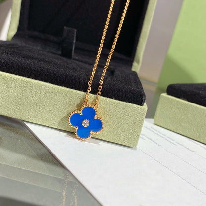 [Marin-Jewelry]CLOVER 15MM DIAMOND AND BLUE AGATE NECKLACE