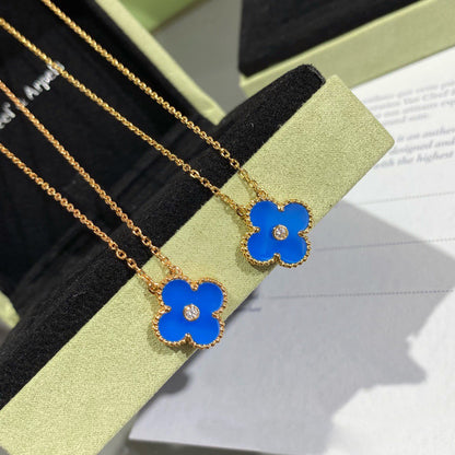 [Marin-Jewelry]CLOVER 15MM DIAMOND AND BLUE AGATE NECKLACE