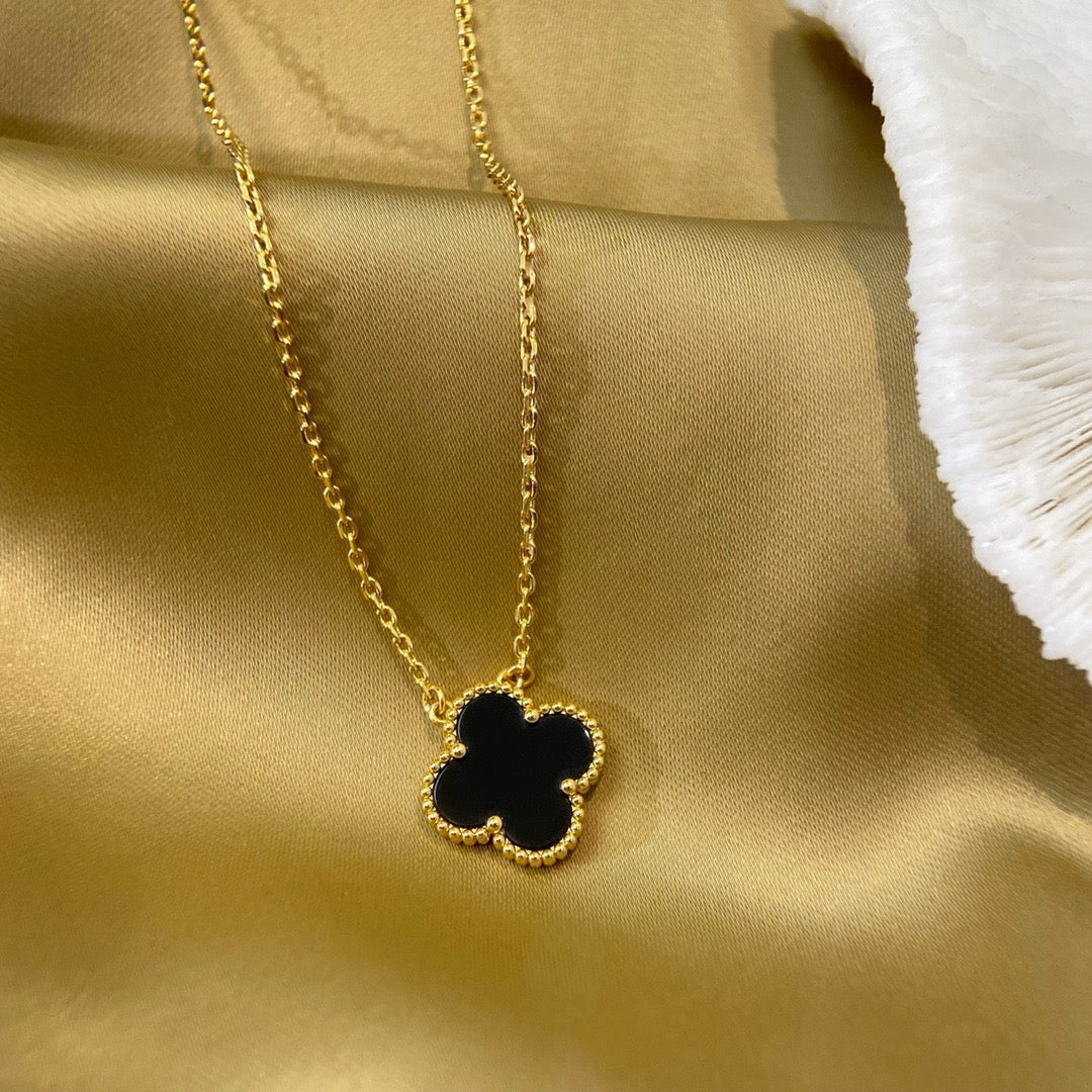 [Marin-Jewelry]CLOVER 15MM BLACK ONYX SINGLE FLOWER NECKLACE