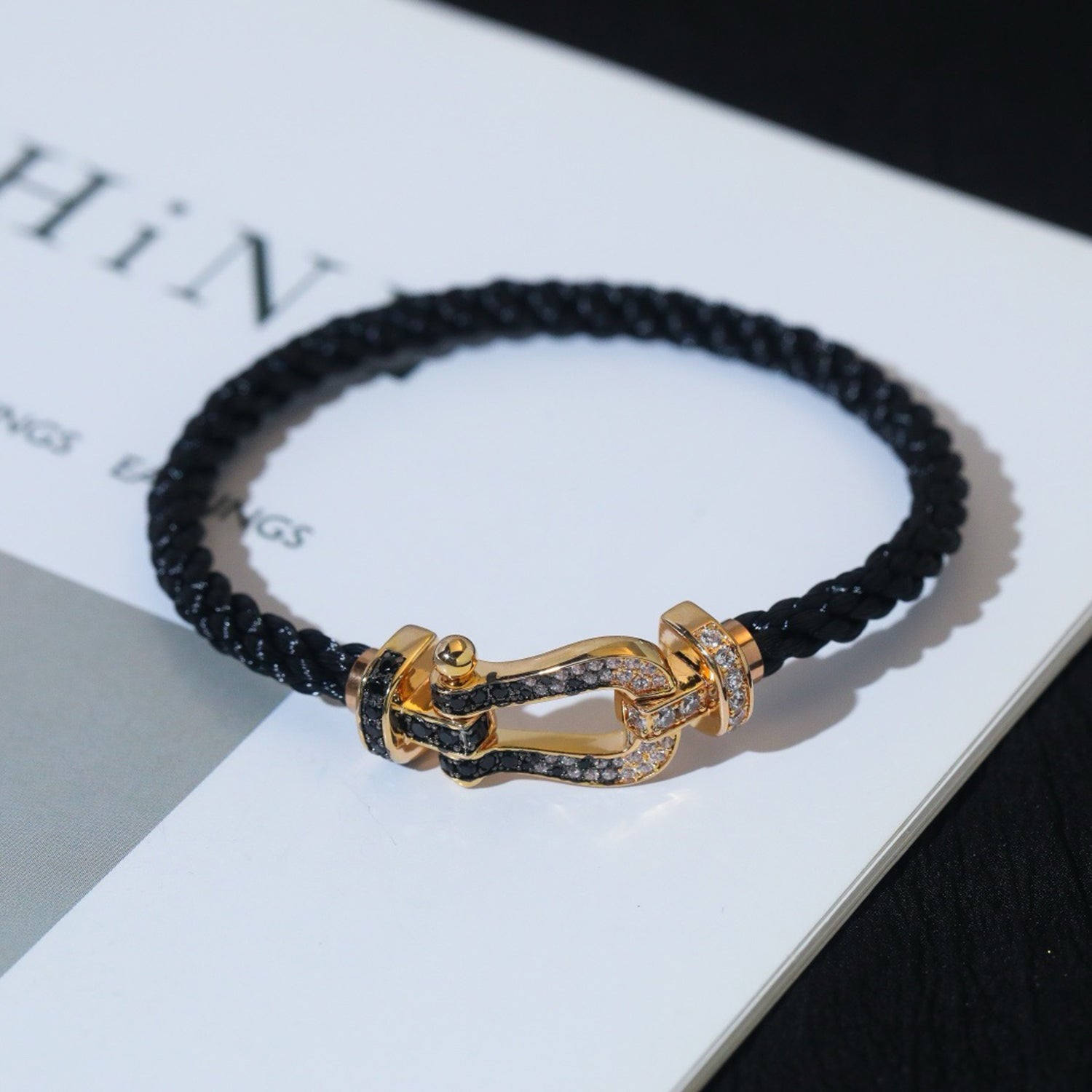 [Marin]BRACELET FER À CHEVAL LARGE NOIR BLANC DIAMANT OR ROSE