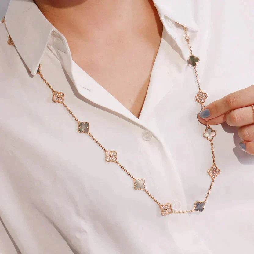 [Marin]CLOVER 20 MOTIFS DARK MOP DIAMOND  NECKLACE
