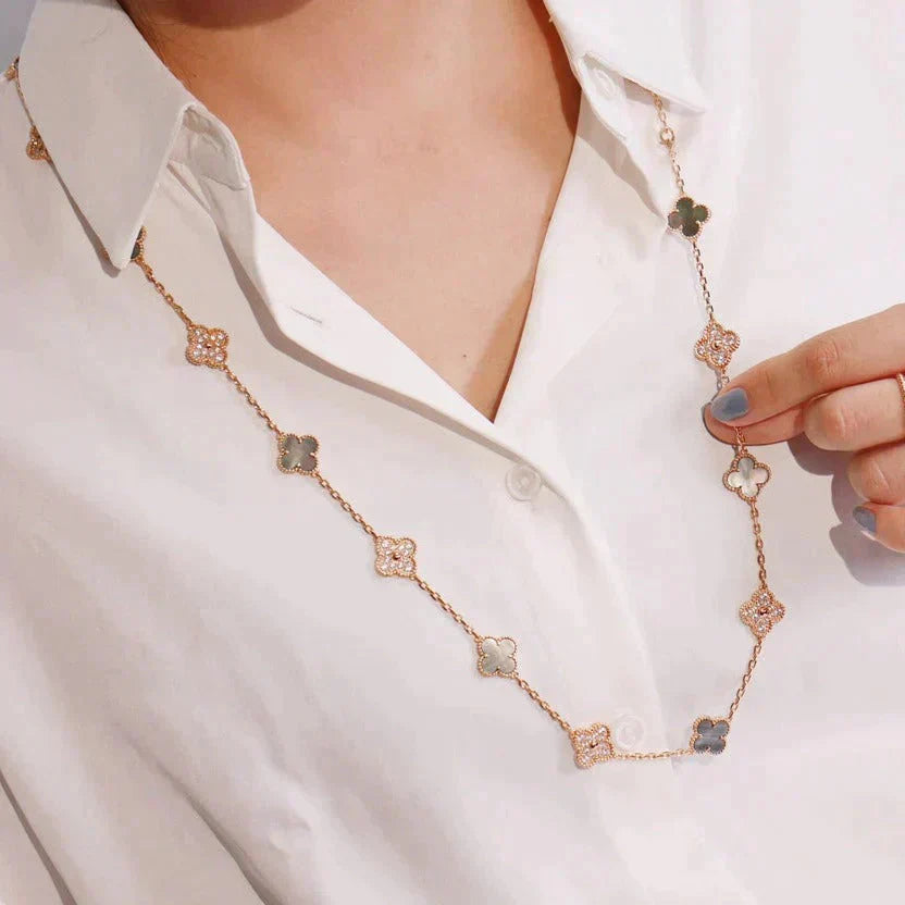 [Marin-Jewelry]クローバー 20モチーフ ダークマザーオブパール ダイヤモンド ネックレス