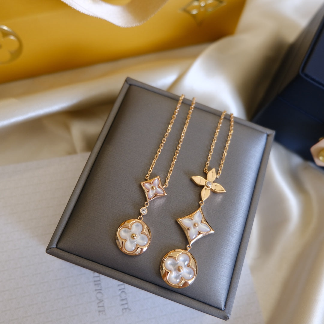 [Marin-Jewelry]COLOR BLOSSOM LARIAT NECKLACE PINK GOLD WHITE MOTHER PEARL AND DIAMOND