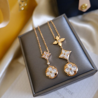 [Marin-Jewelry]COLOR BLOSSOM LARIAT NECKLACE PINK GOLD WHITE MOTHER PEARL AND DIAMOND