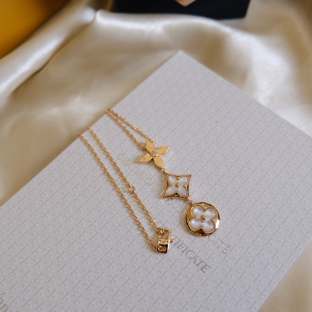 [Marin]COLOR BLOSSOM LARIAT NECKLACE PINK GOLD WHITE MOTHER PEARL AND DIAMOND