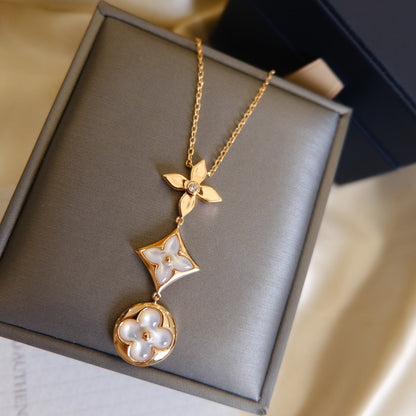 [Marin-Jewelry]COLOR BLOSSOM LARIAT NECKLACE PINK GOLD WHITE MOTHER PEARL AND DIAMOND