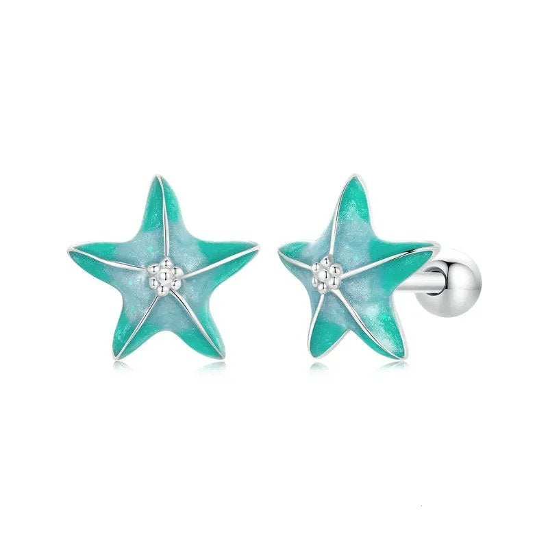 Boucles d'oreilles clous étoiles de mer bleues plaquées platine, boucles d'oreilles simples