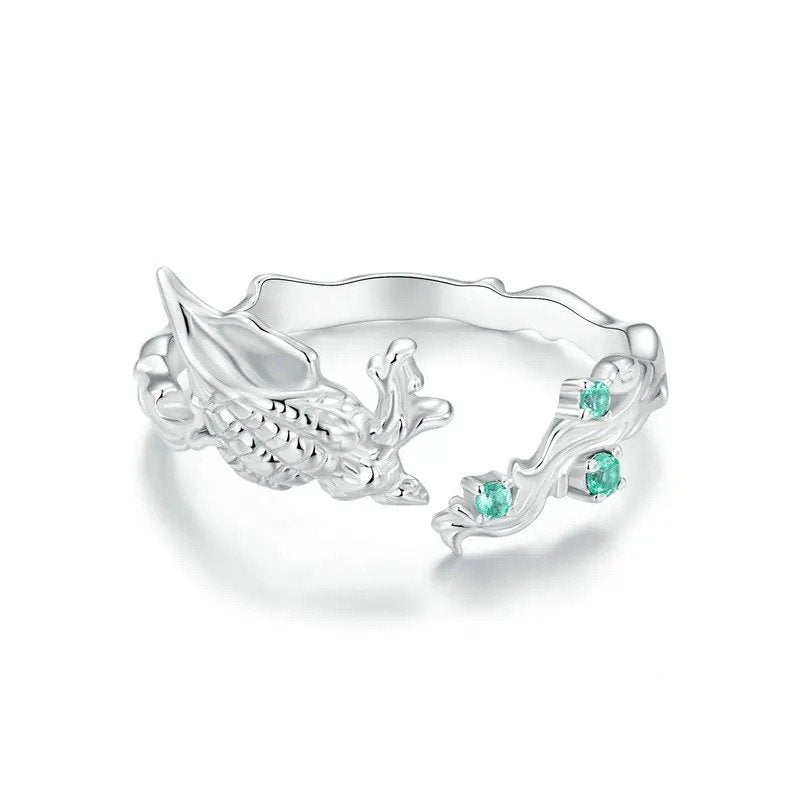 Bague Ouverte Conque Incrustée CZ Vert Série Océan Bagues Ajustables