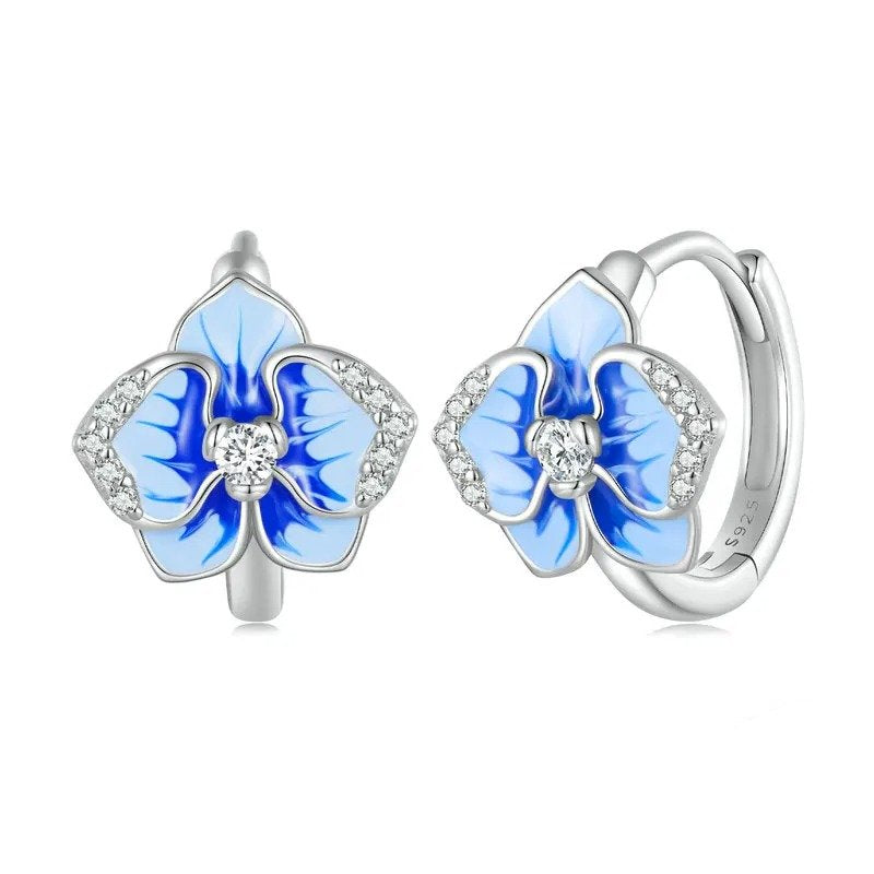 Boucles d'oreilles clips Papillon Orchidée Émail Bleu Fleur de Phalaenopsis