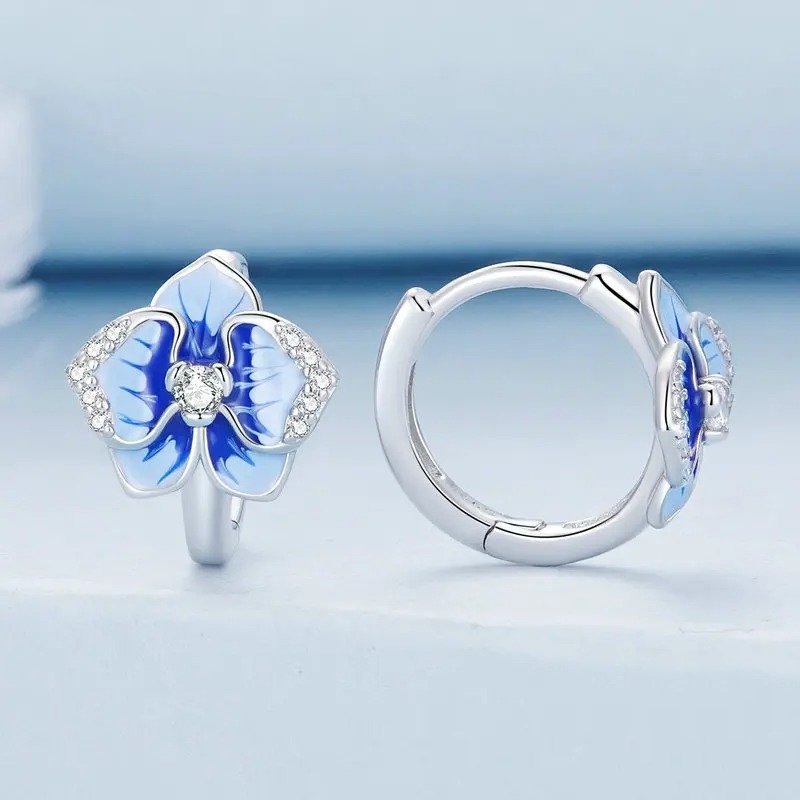 Boucles d'oreilles clips Papillon Orchidée Émail Bleu Fleur de Phalaenopsis