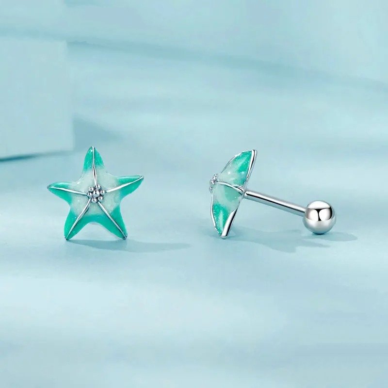 Boucles d'oreilles clous étoiles de mer bleues plaquées platine, boucles d'oreilles simples
