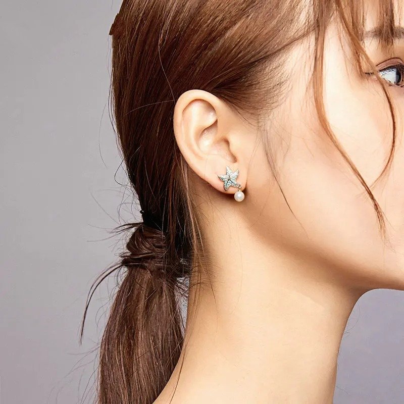 Boucles d'oreilles clous étoiles de mer en zircon bleu océan Boucles d'oreilles pendantes coquille et perle