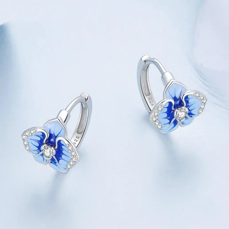 Boucles d'oreilles clips Papillon Orchidée Émail Bleu Fleur de Phalaenopsis
