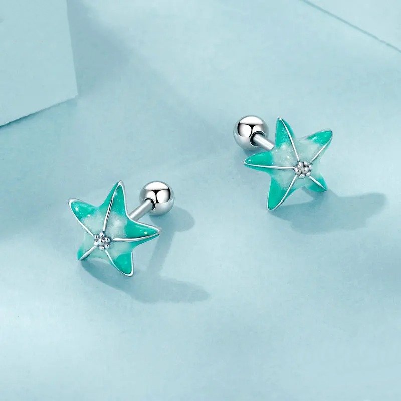 Boucles d'oreilles clous étoiles de mer bleues plaquées platine, boucles d'oreilles simples