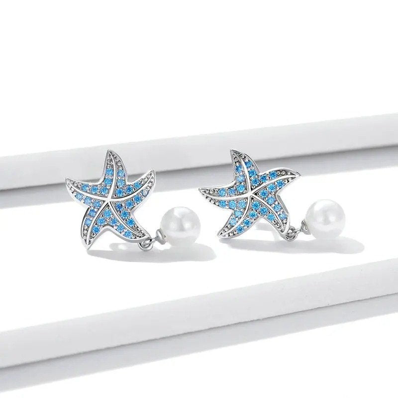 Boucles d'oreilles clous étoiles de mer en zircon bleu océan Boucles d'oreilles pendantes coquille et perle