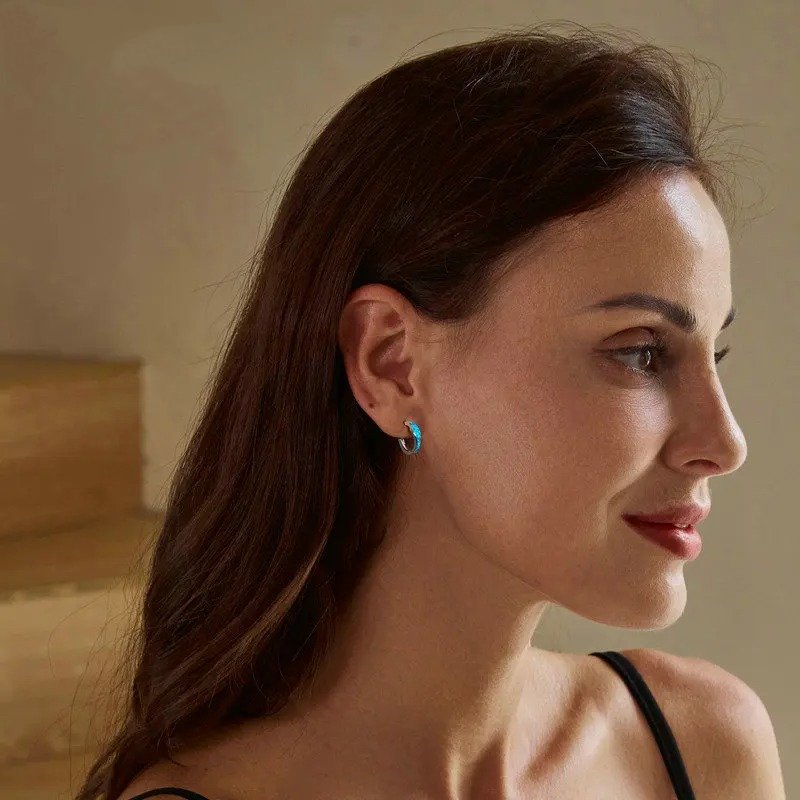Boucles d'oreilles créoles en opale pour femme Plaqué or blanc