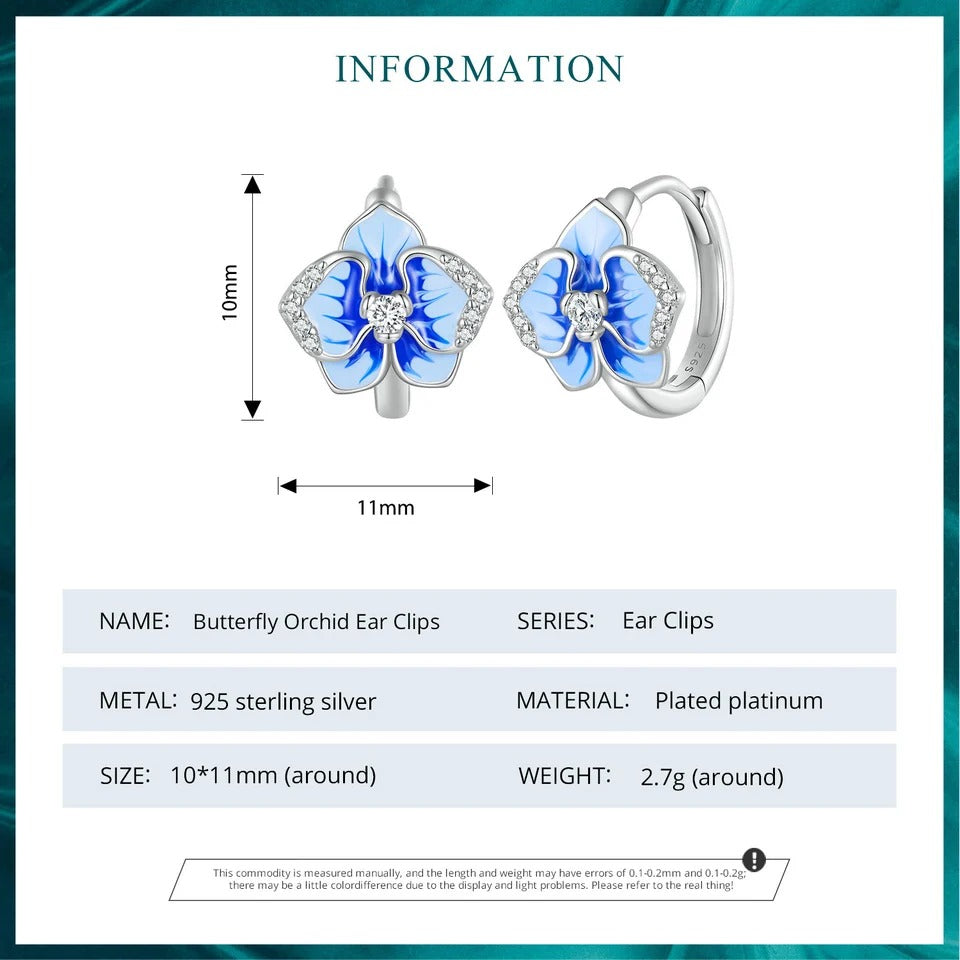 Boucles d'oreilles clips Papillon Orchidée Émail Bleu Fleur de Phalaenopsis