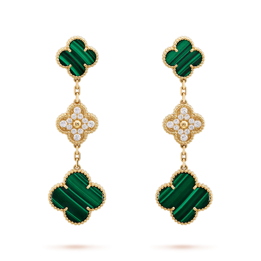 [Marin]CLOVER EARRINGS GOLD MALACHITE DIAMOND 3 MOTIF