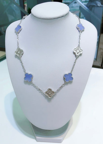 [Marin-Jewelry]CLOVER 10 MOTIFS CHALCEDONY DIAMONDS SILVER NECKLACE