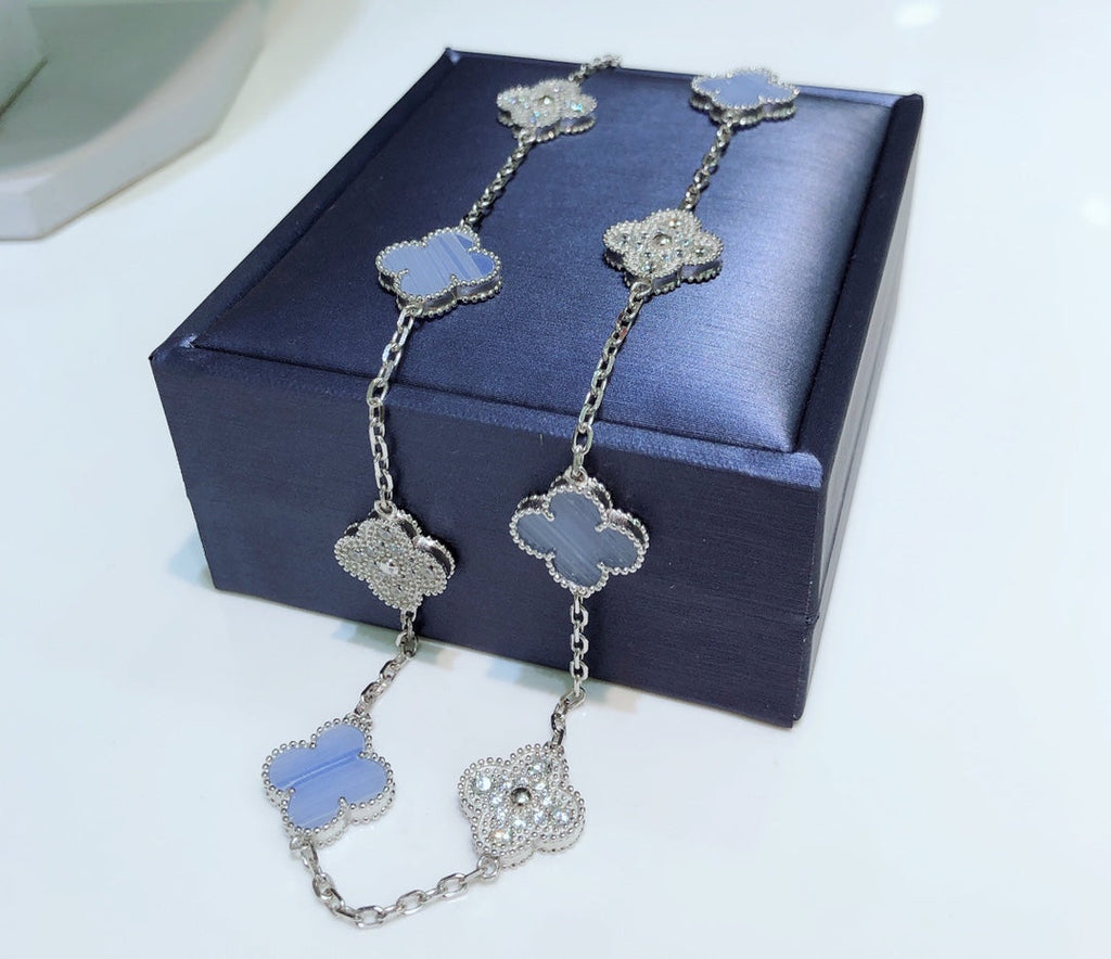 [Marin]CLOVER 10 MOTIFS CHALCEDONY DIAMONDS SILVER NECKLACE