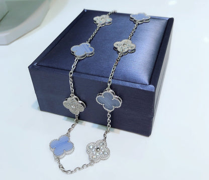 [Marin]CLOVER 10 MOTIFS CHALCEDONY DIAMONDS SILVER NECKLACE