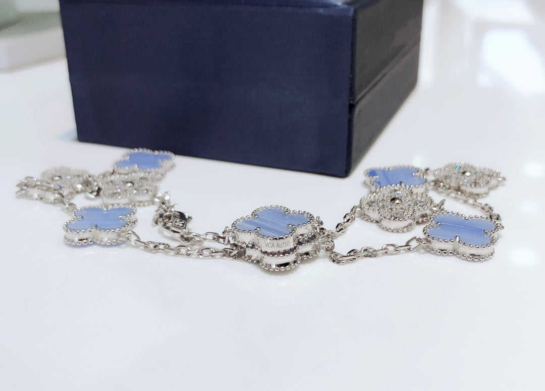 [Marin-Jewelry]CLOVER 10 MOTIFS CHALCEDONY DIAMONDS SILVER NECKLACE