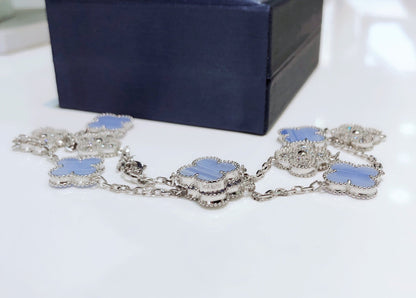 [Marin-Jewelry]CLOVER 10 MOTIFS CHALCEDONY DIAMONDS SILVER NECKLACE