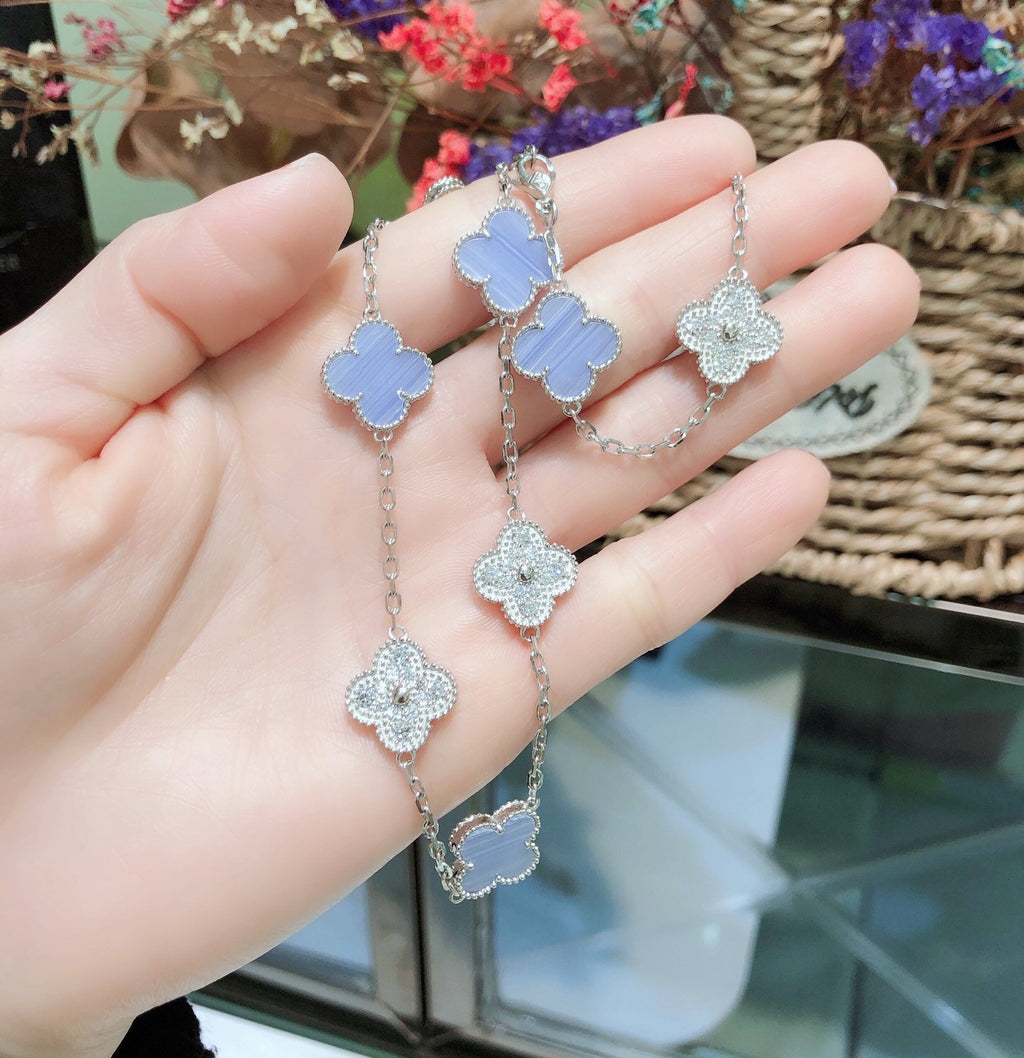 [Marin]CLOVER 10 MOTIFS CHALCEDONY DIAMONDS SILVER NECKLACE