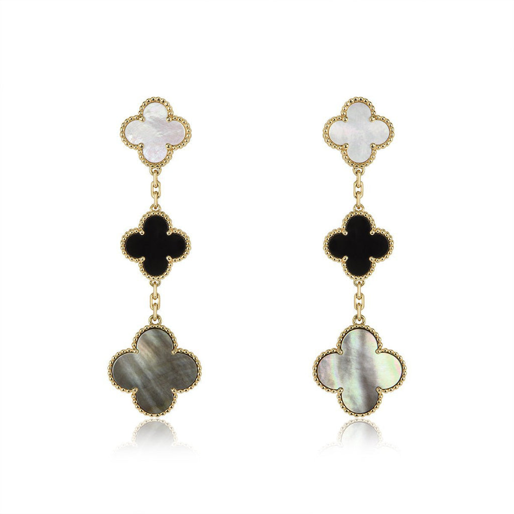 [Marin]BOUCLES D'OREILLES CLOVER ONYX NACRE OR 3 MOTIFS
